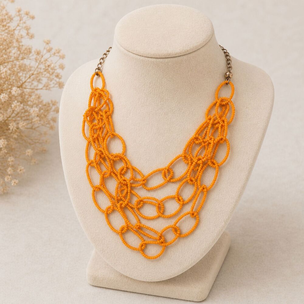 C1946 Yellow Seed Bead Multi Strand Necklace Oval Link Bib